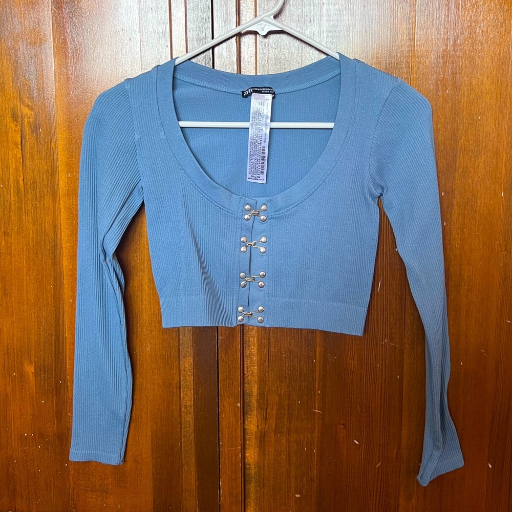 Zara Hook and Eye Seamlesss Blue Long Sleeve Top Size XS/S